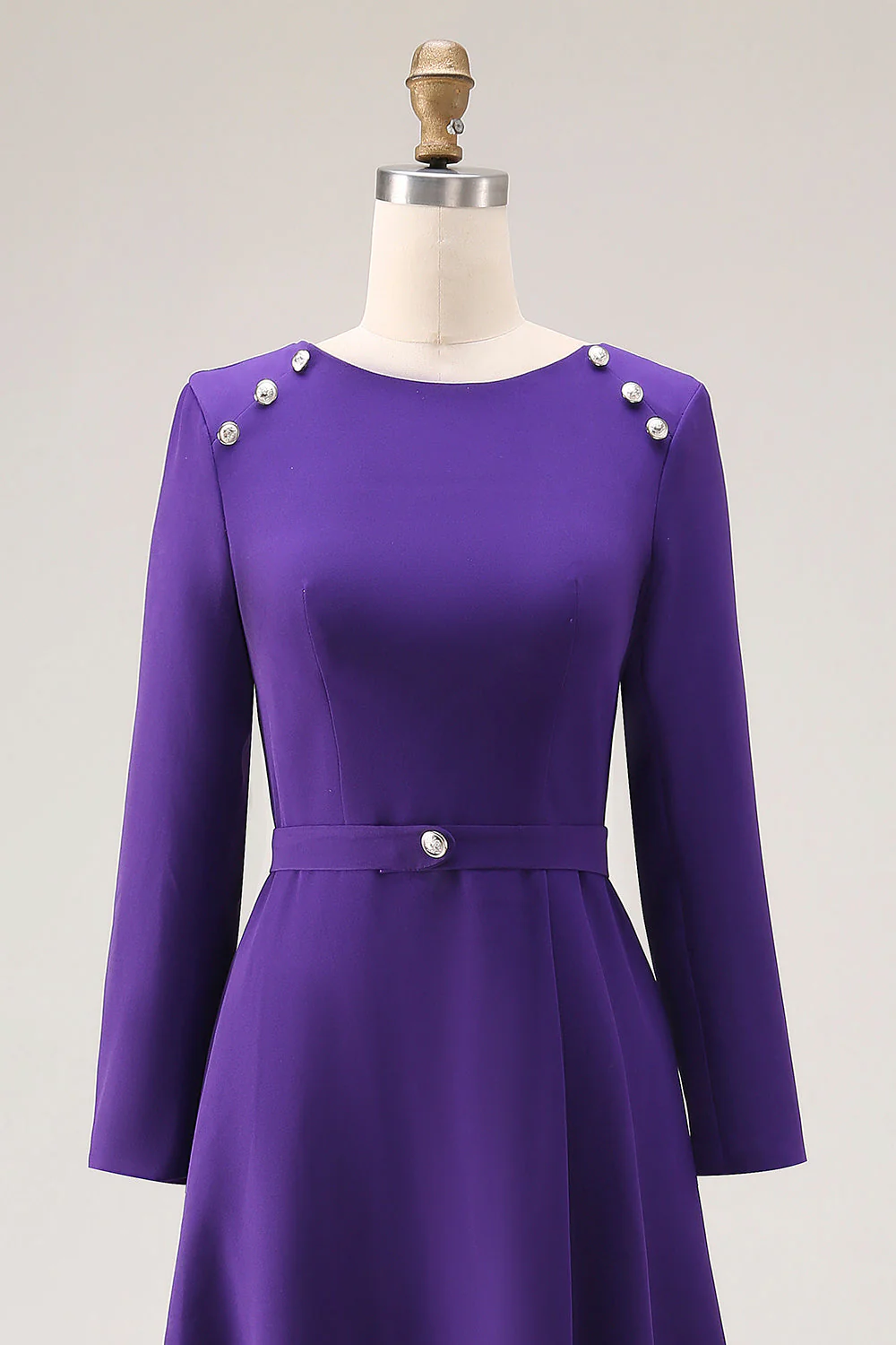 Purple A Line Boat Neck Long Sleeve Work Dress - Image 3