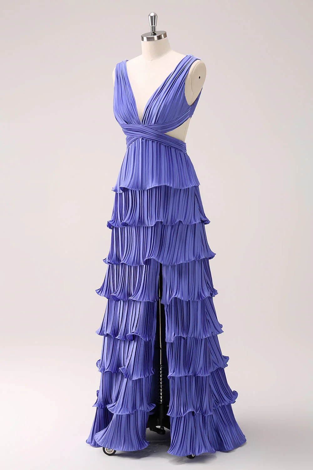 Purple A-Line Deep V Neck Tiered Long Bridesmaid Dress with Slit - Image 5