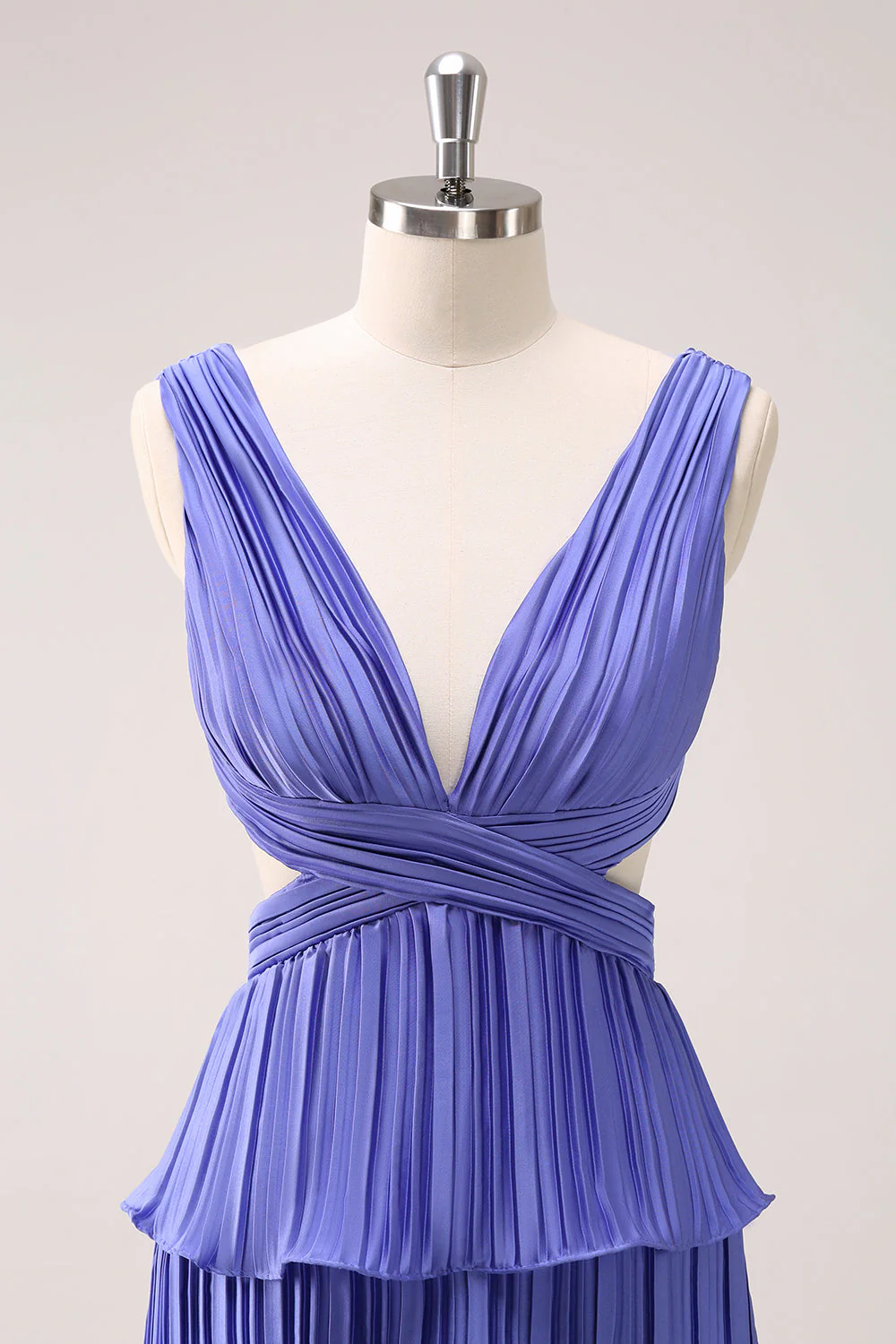 Purple A-Line Deep V Neck Tiered Long Bridesmaid Dress with Slit - Image 6