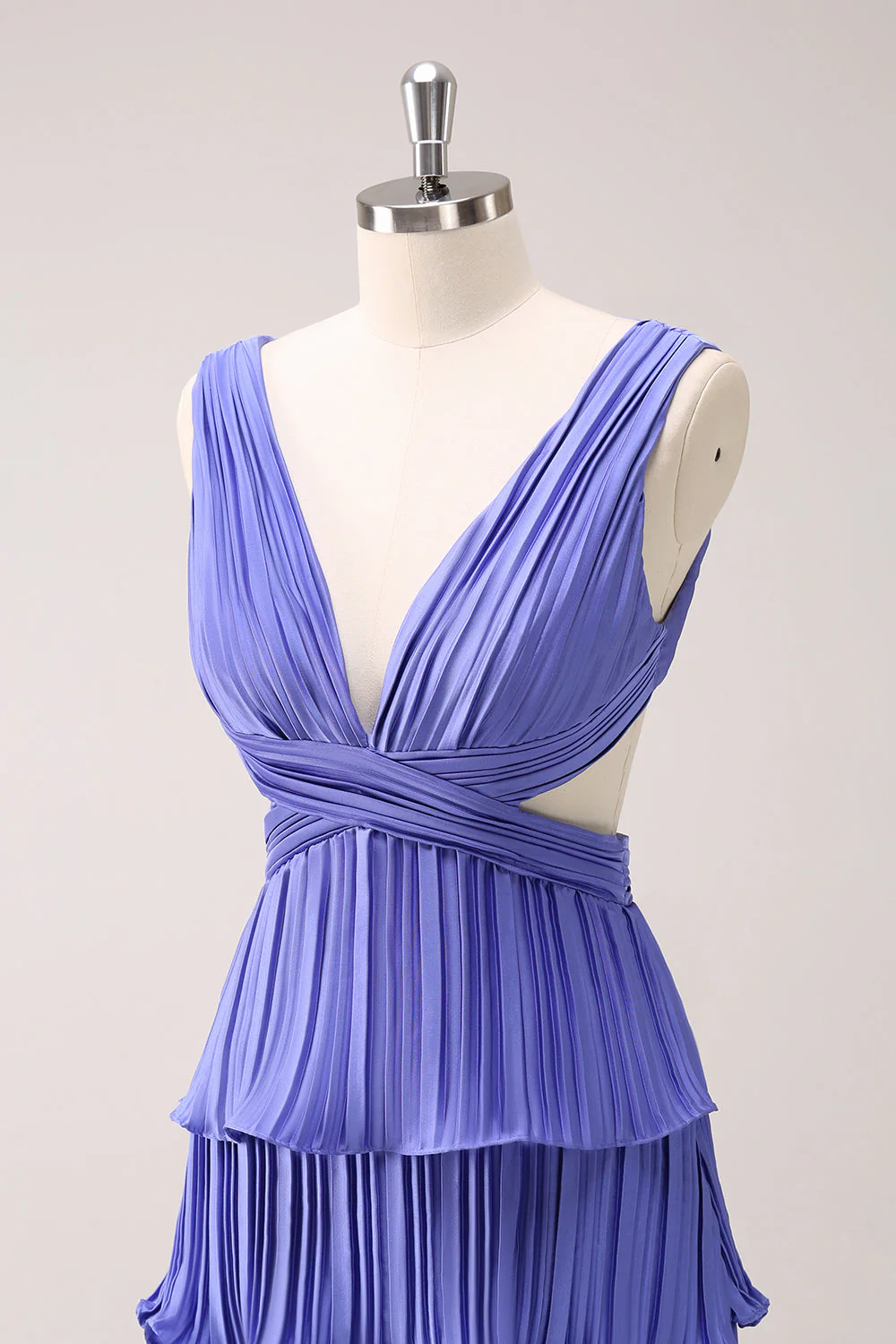 Purple A-Line Deep V Neck Tiered Long Bridesmaid Dress with Slit - Image 8