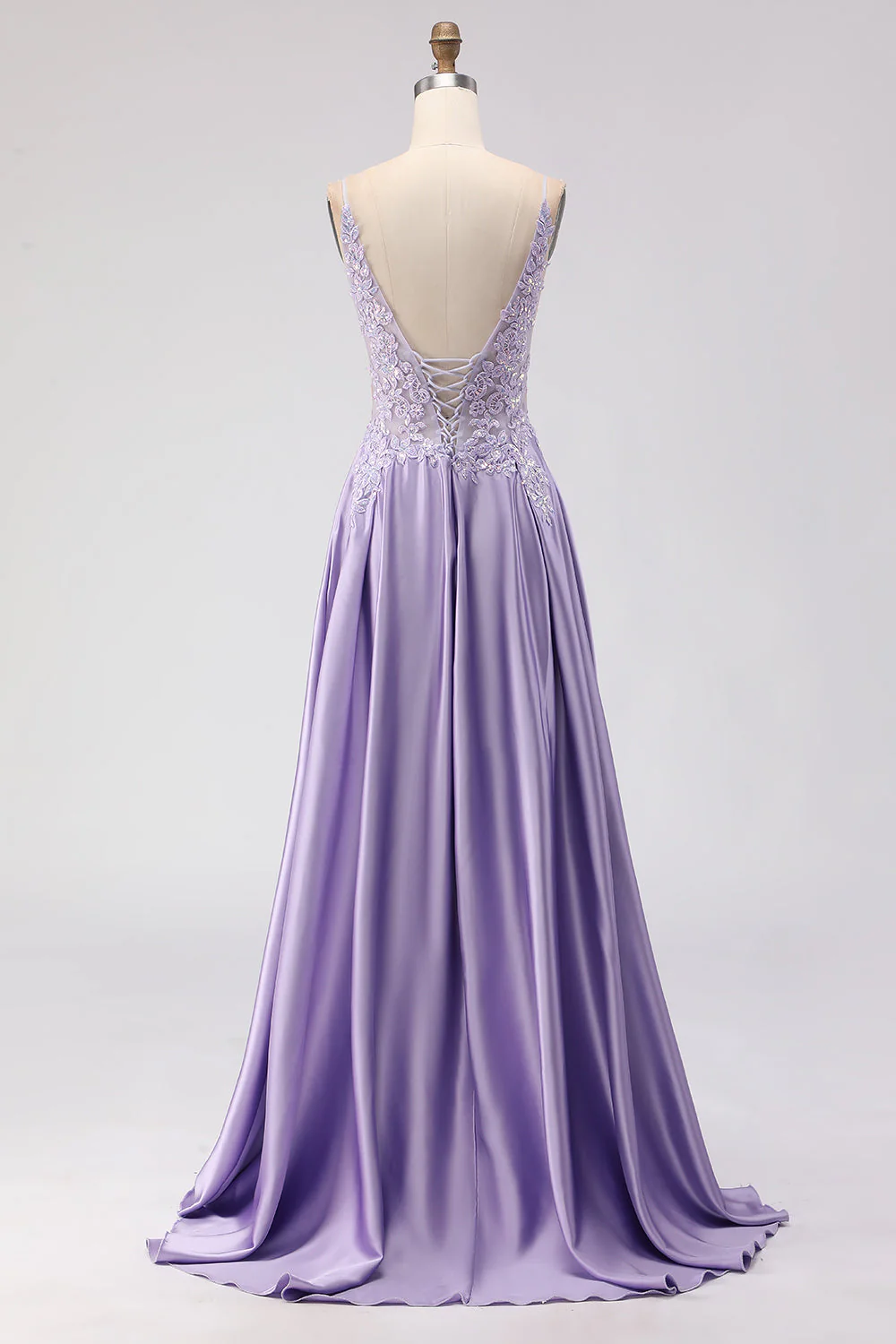Purple A-Line Satin Sequins Backless Long Prom Dress with Slit - Image 2