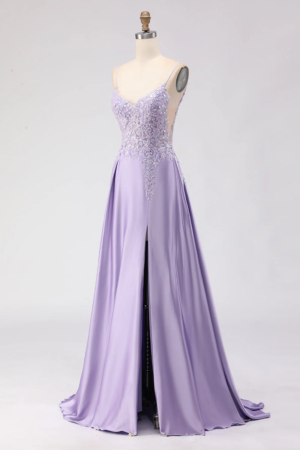 Purple A-Line Satin Sequins Backless Long Prom Dress with Slit - Image 3