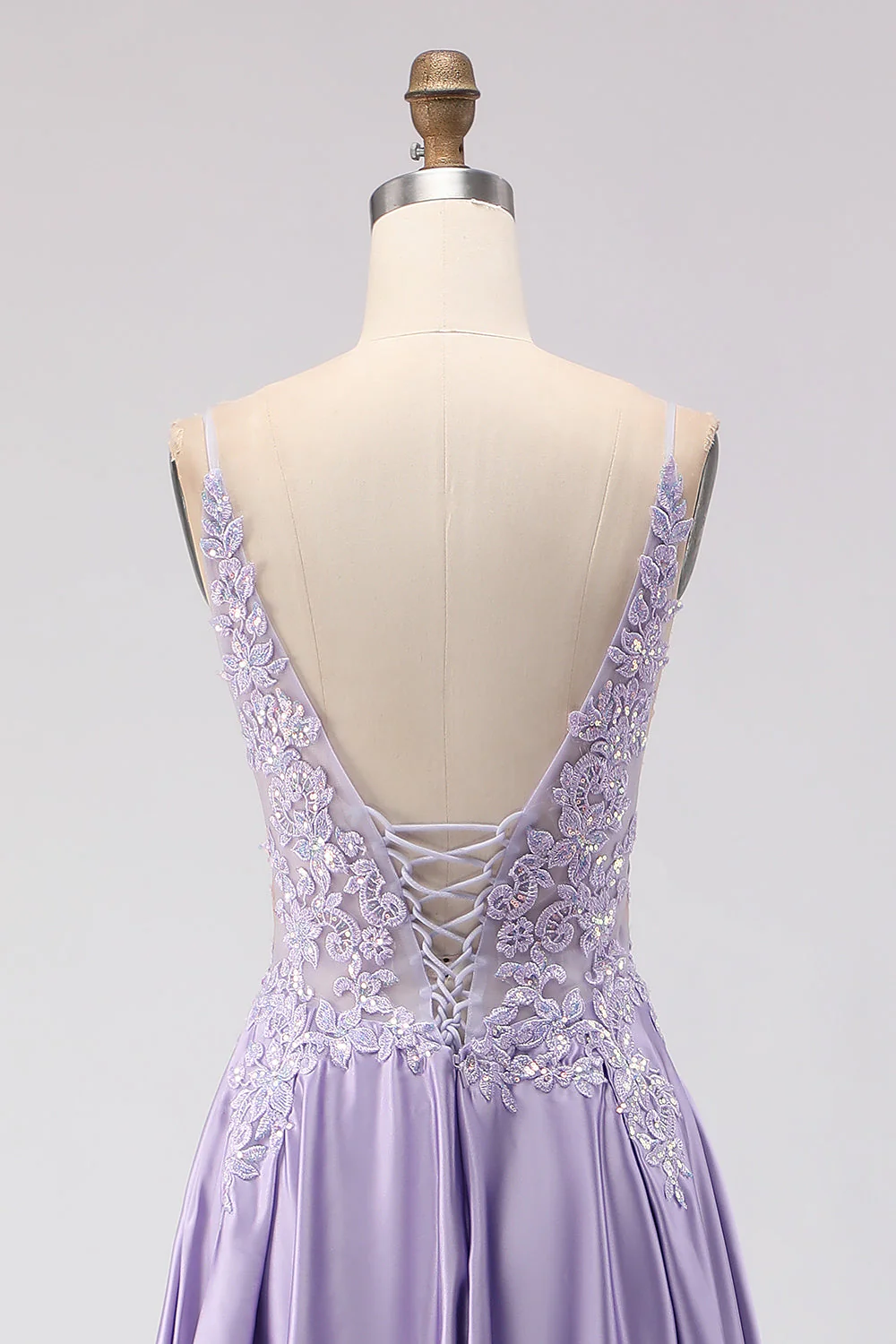 Purple A-Line Satin Sequins Backless Long Prom Dress with Slit - Image 5