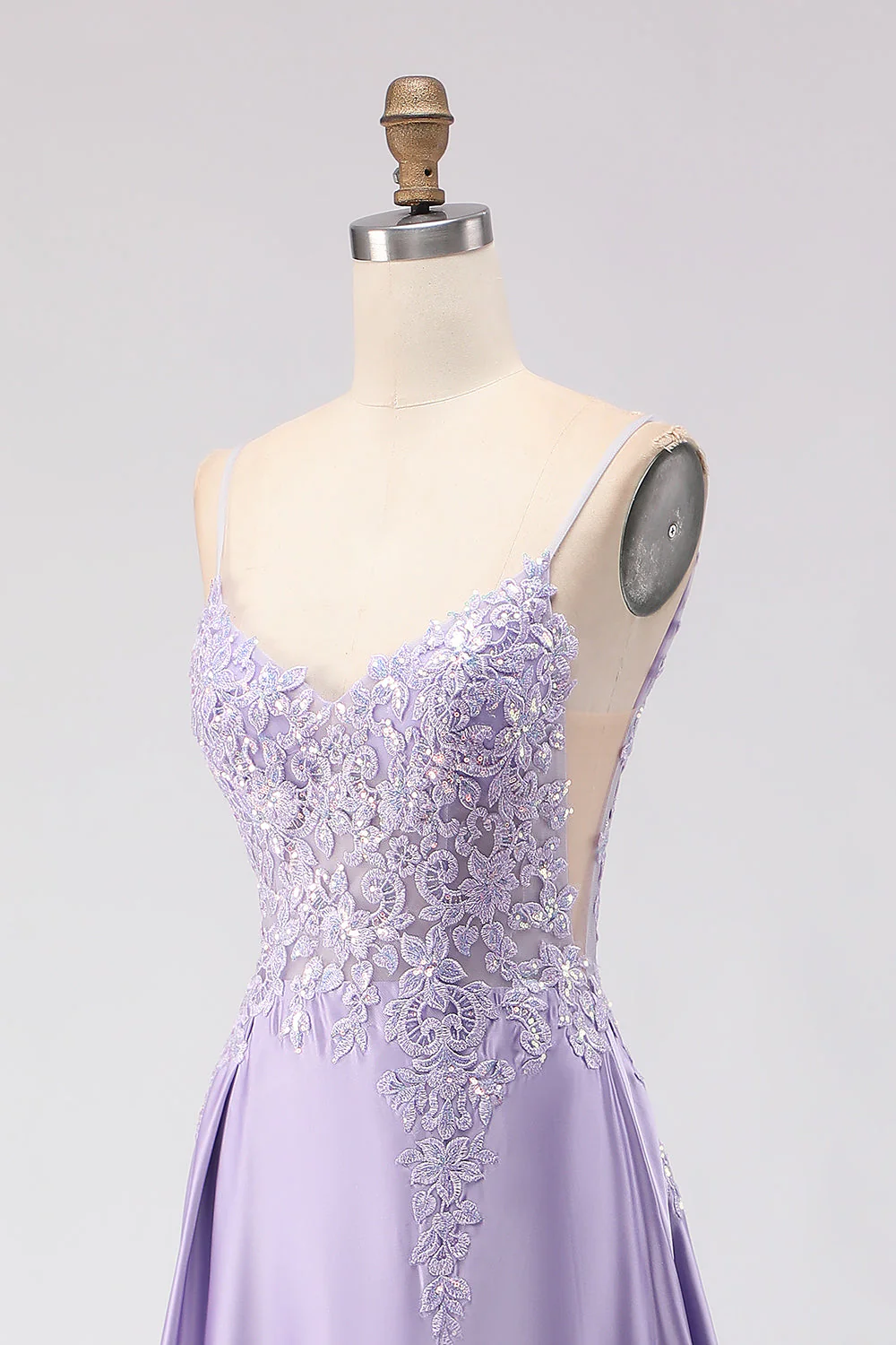 Purple A-Line Satin Sequins Backless Long Prom Dress with Slit - Image 6