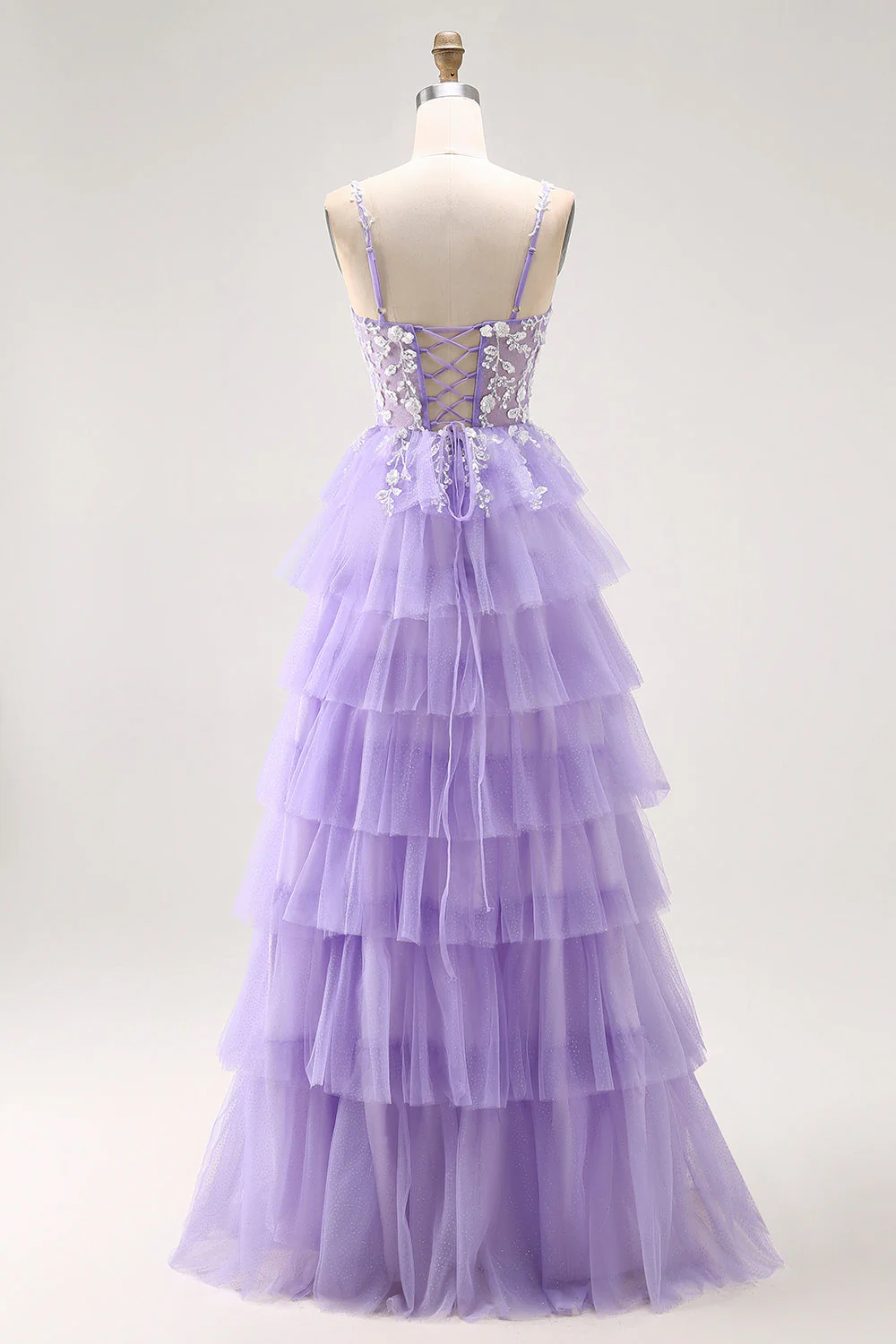 Purple A-Line Sequins Tulle Corset Tiered Long Prom Dress with Lace Up Back - Image 2