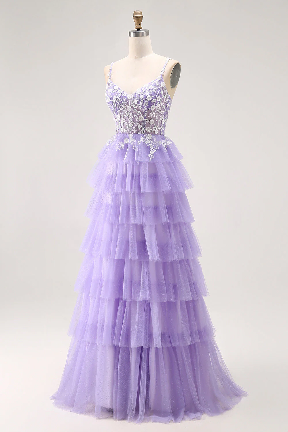 Purple A-Line Sequins Tulle Corset Tiered Long Prom Dress with Lace Up Back - Image 3