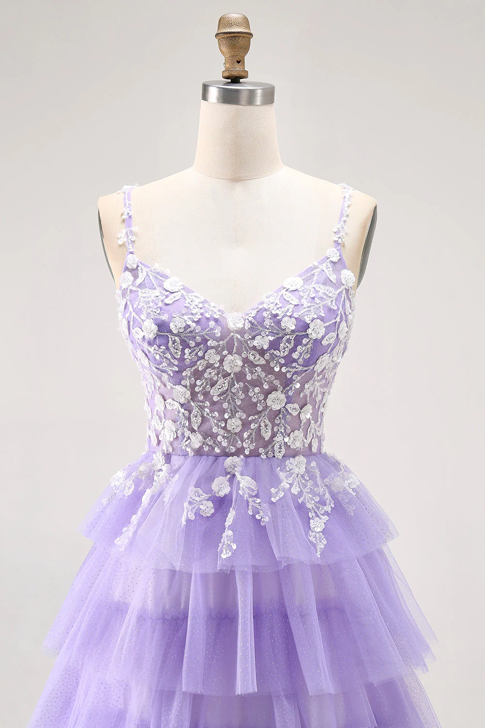 Purple A-Line Sequins Tulle Corset Tiered Long Prom Dress with Lace Up Back - Image 4