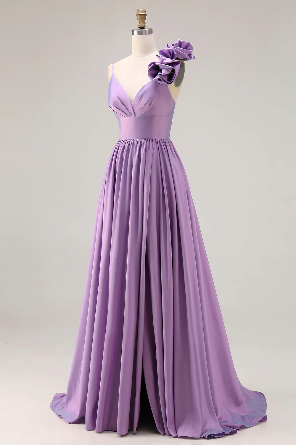 Purple A-Line Spaghetti Straps 3D Flower Ruched Long Prom Dress with Slit - Image 3