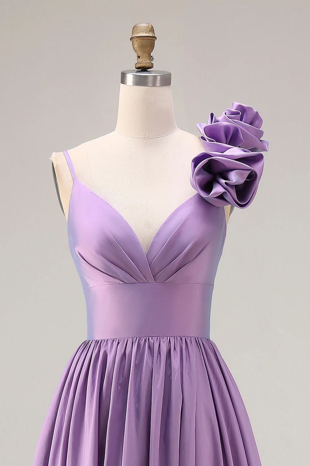 Purple A-Line Spaghetti Straps 3D Flower Ruched Long Prom Dress with Slit - Image 4