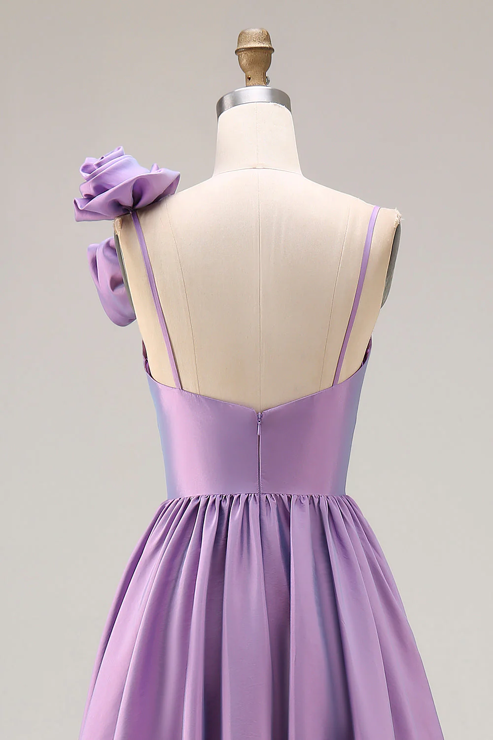 Purple A-Line Spaghetti Straps 3D Flower Ruched Long Prom Dress with Slit - Image 5