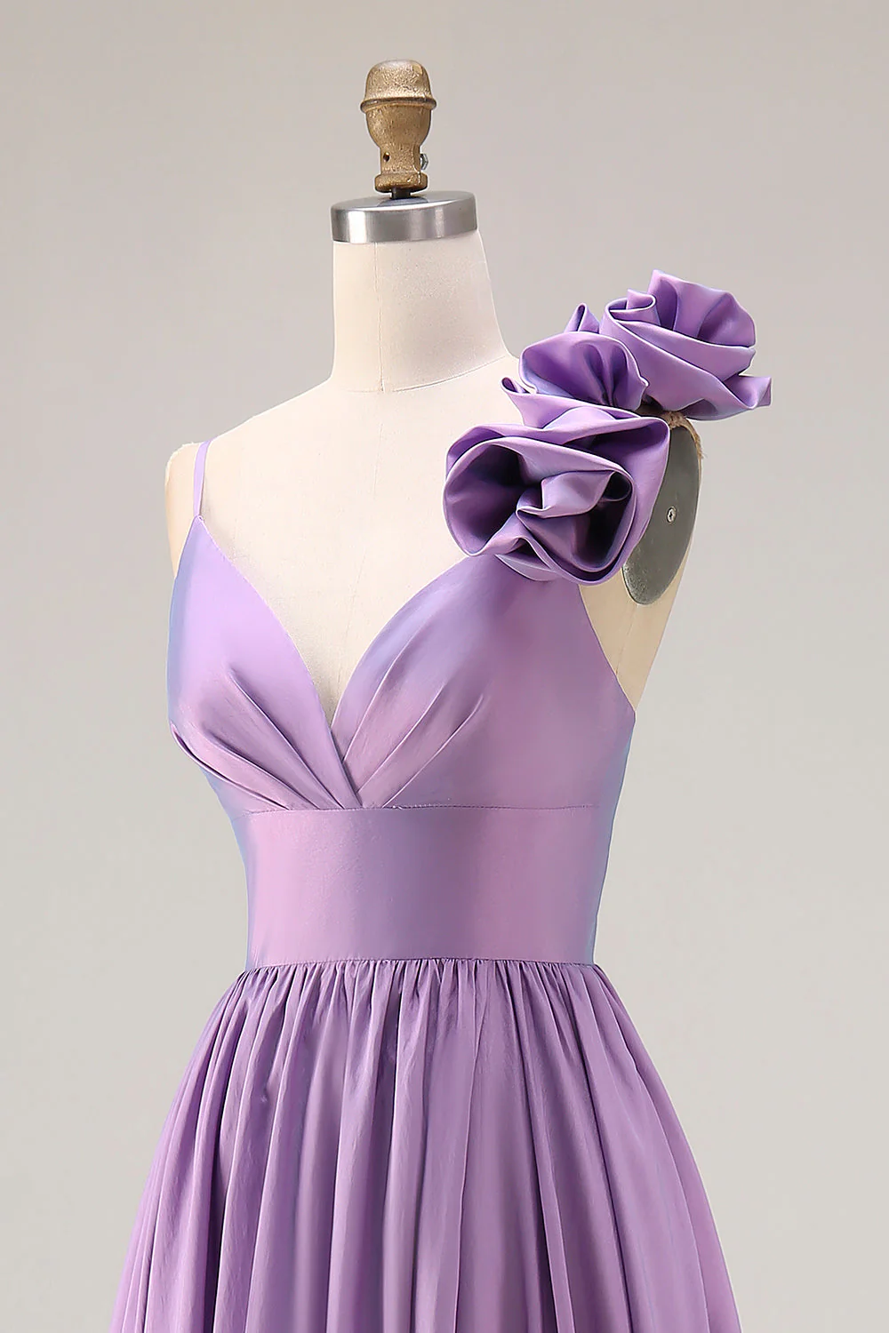 Purple A-Line Spaghetti Straps 3D Flower Ruched Long Prom Dress with Slit - Image 6