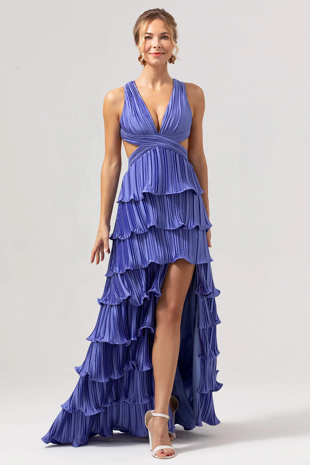 Purple A-Line Deep V Neck Tiered Long Bridesmaid Dress with Slit - Image 3