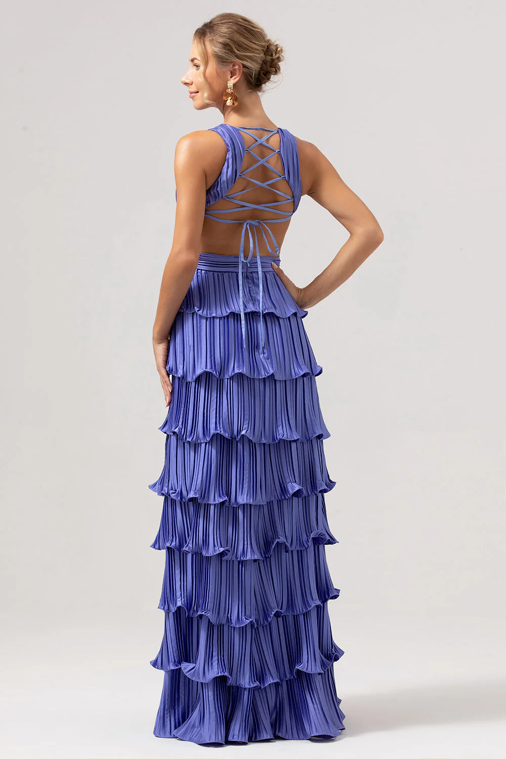 Purple A-Line Deep V Neck Tiered Long Bridesmaid Dress with Slit - Image 4