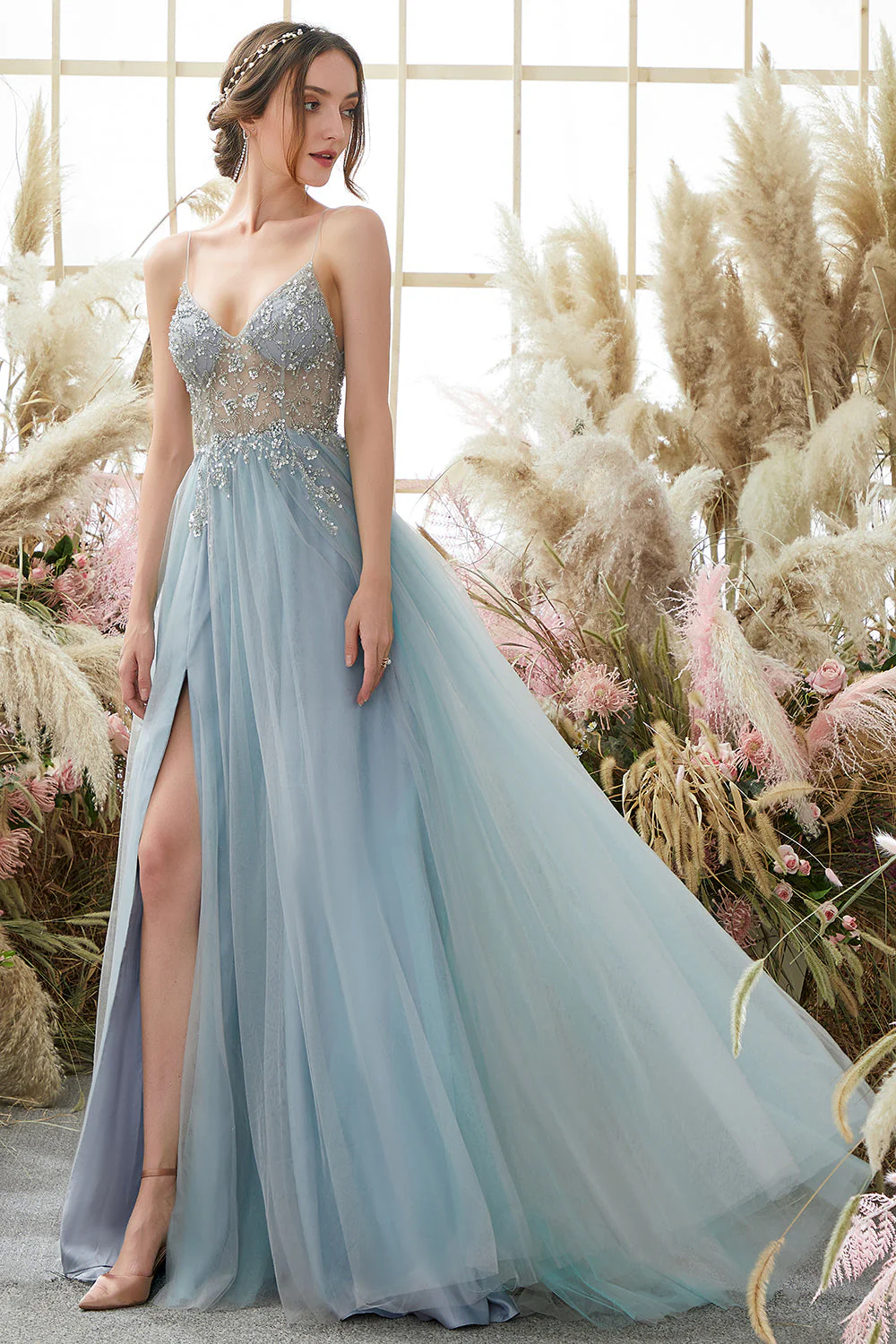 Purple Beaded Tulle Long Prom Dress - Image 11
