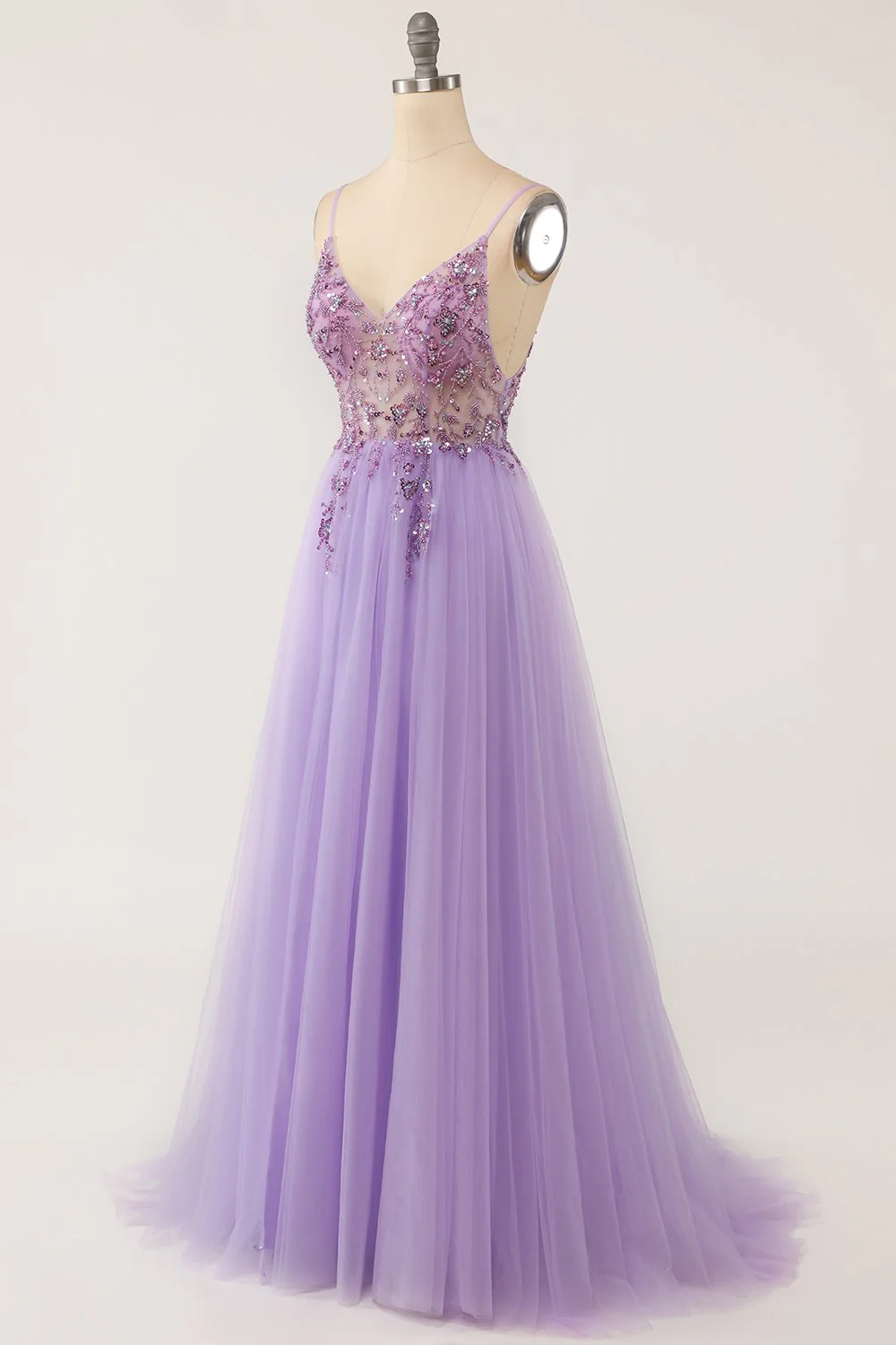 Purple Beaded Tulle Long Prom Dress - Image 5