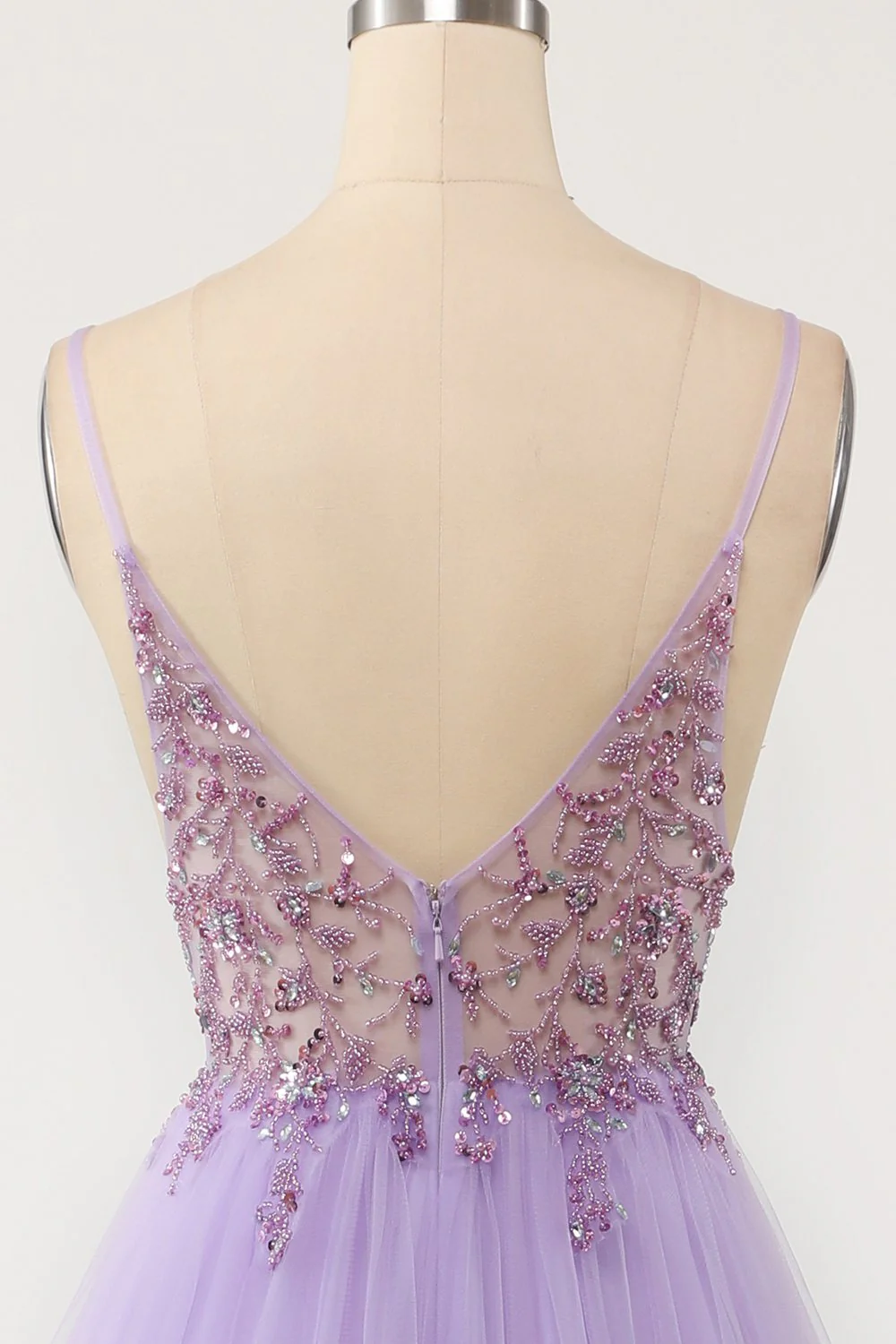 Purple Beaded Tulle Long Prom Dress - Image 7