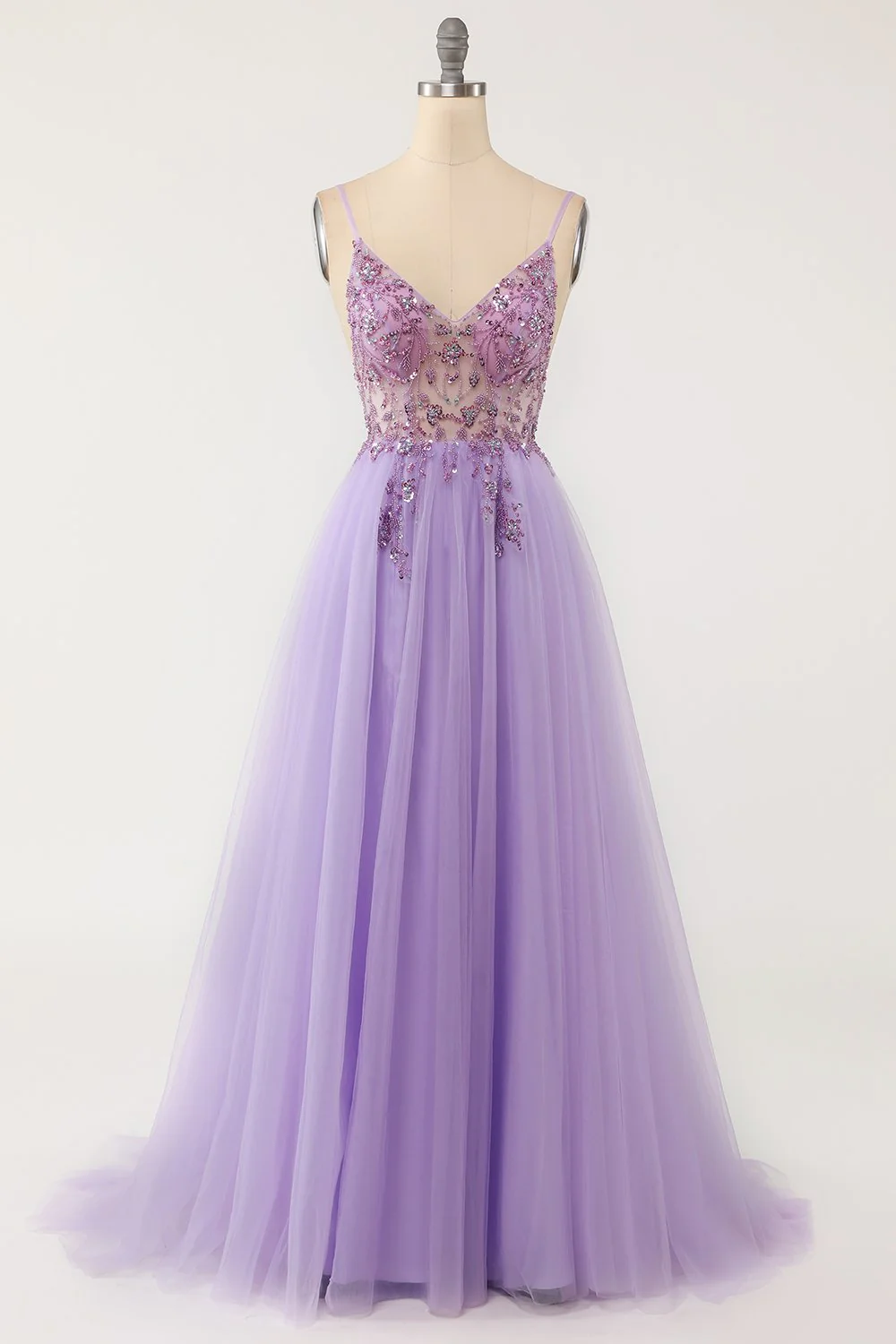 Purple Beaded Tulle Long Prom Dress - Image 6
