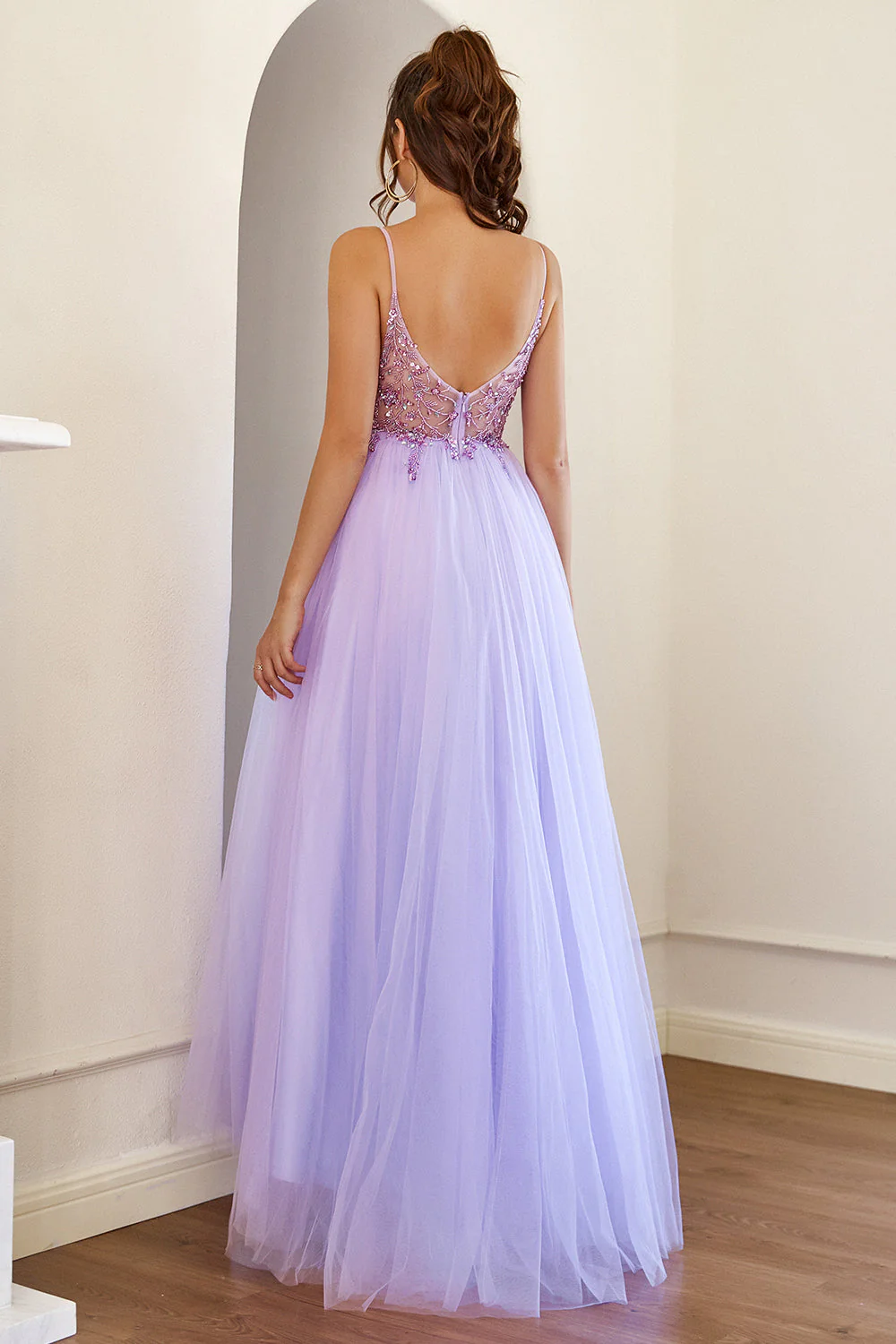 Purple Beaded Tulle Long Prom Dress - Image 4
