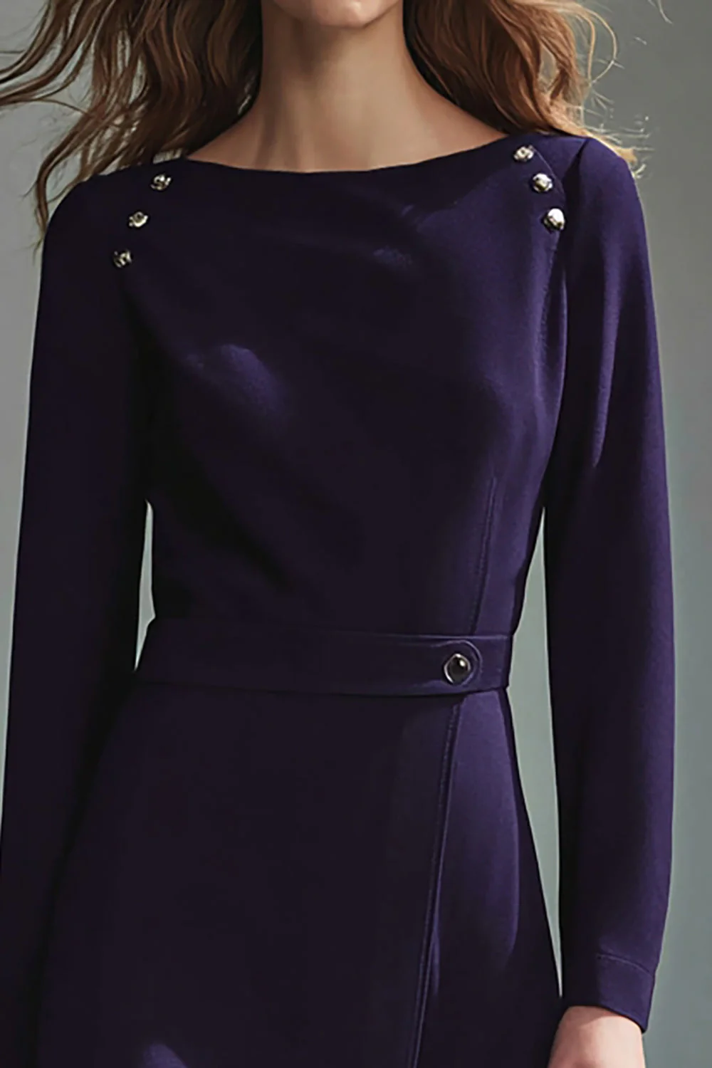 Purple Boat Neck Long Sleeve Work Dress - Image 2