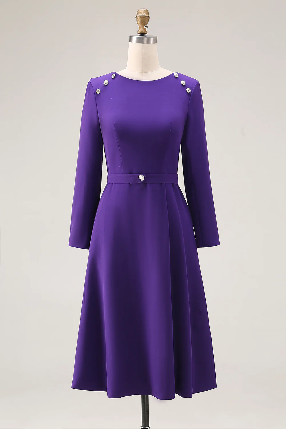 Purple Boat Neck Long Sleeve Work Dress - Image 3