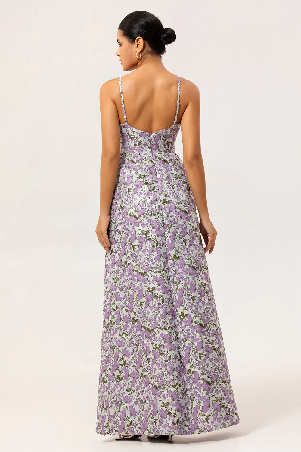 Purple Floral A Line Printed Spaghetti Straps Wedding Guest Dress - Image 2