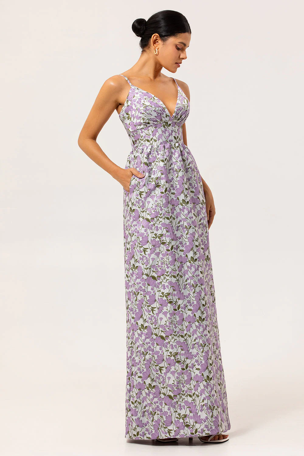 Purple Floral A Line Printed Spaghetti Straps Wedding Guest Dress - Image 3
