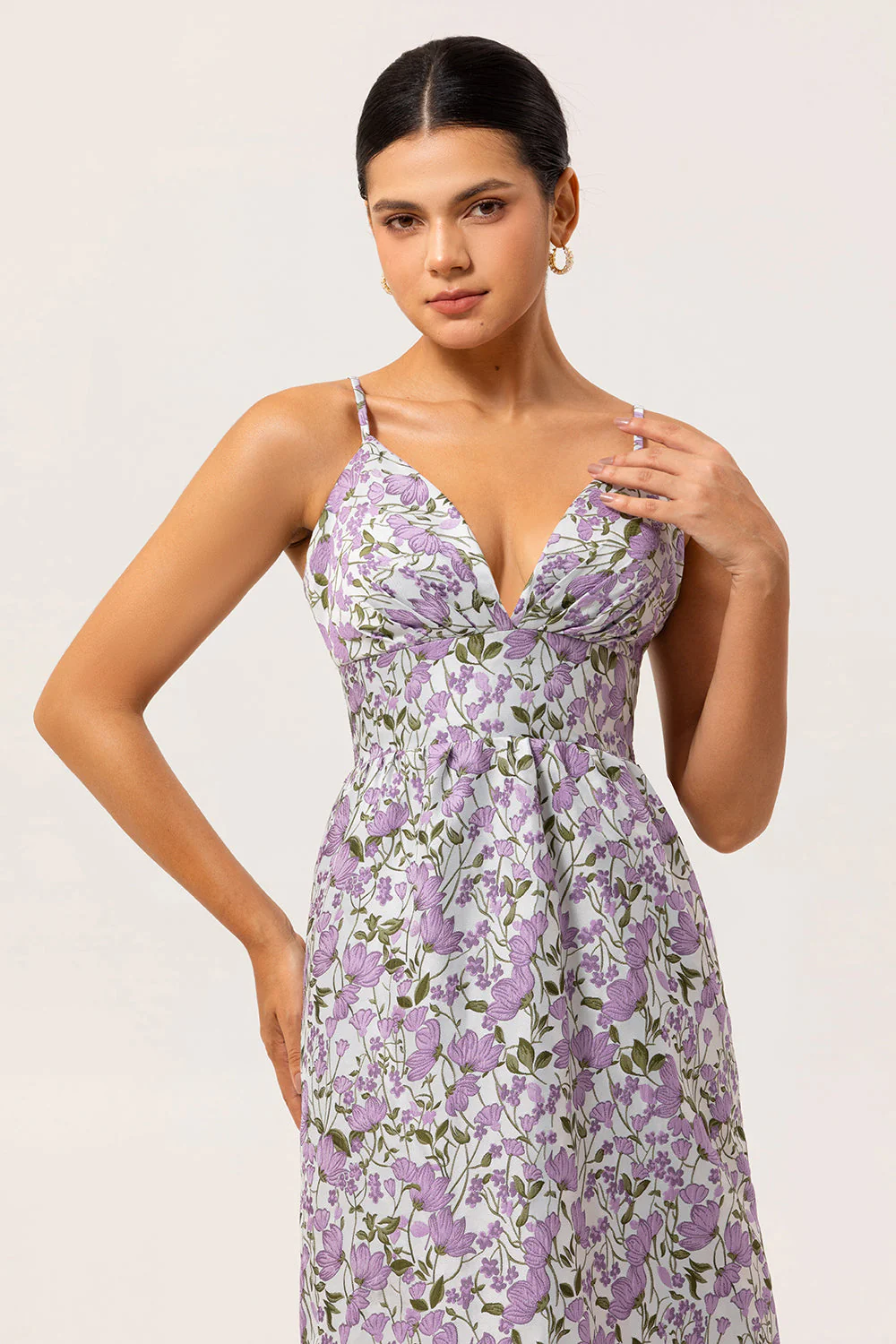 Purple Floral A Line Printed Spaghetti Straps Wedding Guest Dress - Image 4