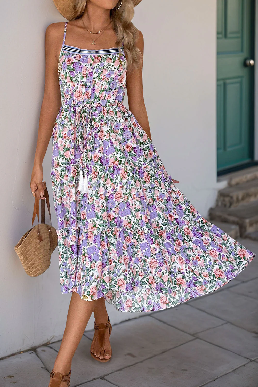 Purple Floral A Line Printed Summer Dress - Image 3