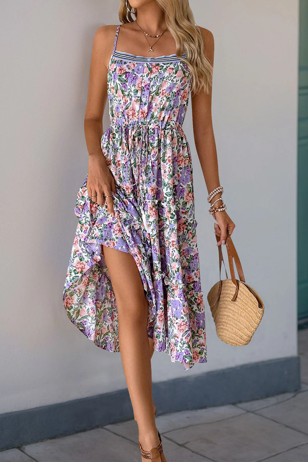 Purple Floral A Line Printed Summer Dress - Image 4