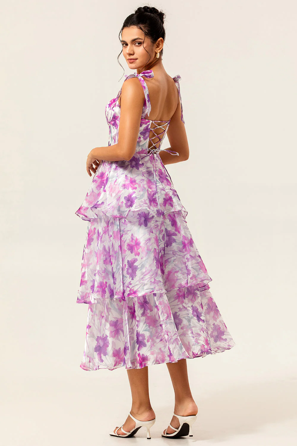 Purple Floral A Line Tiered Wedding Guest Dress with Straps Bows - Image 2