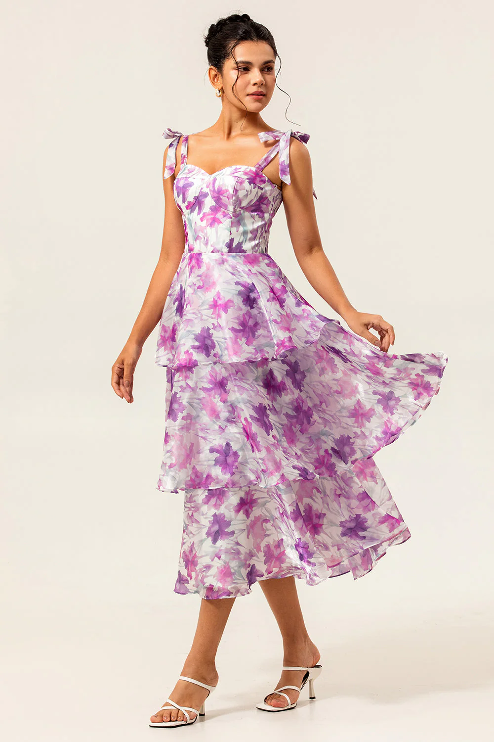 Purple Floral A Line Tiered Wedding Guest Dress with Straps Bows - Image 3