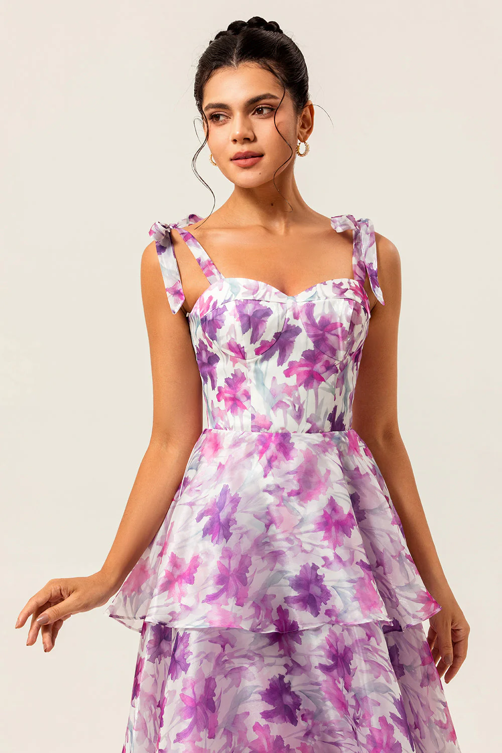 Purple Floral A Line Tiered Wedding Guest Dress with Straps Bows - Image 4