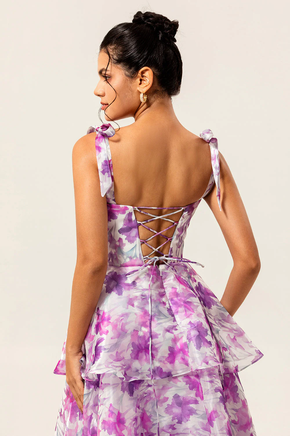 Purple Floral A Line Tiered Wedding Guest Dress with Straps Bows - Image 5