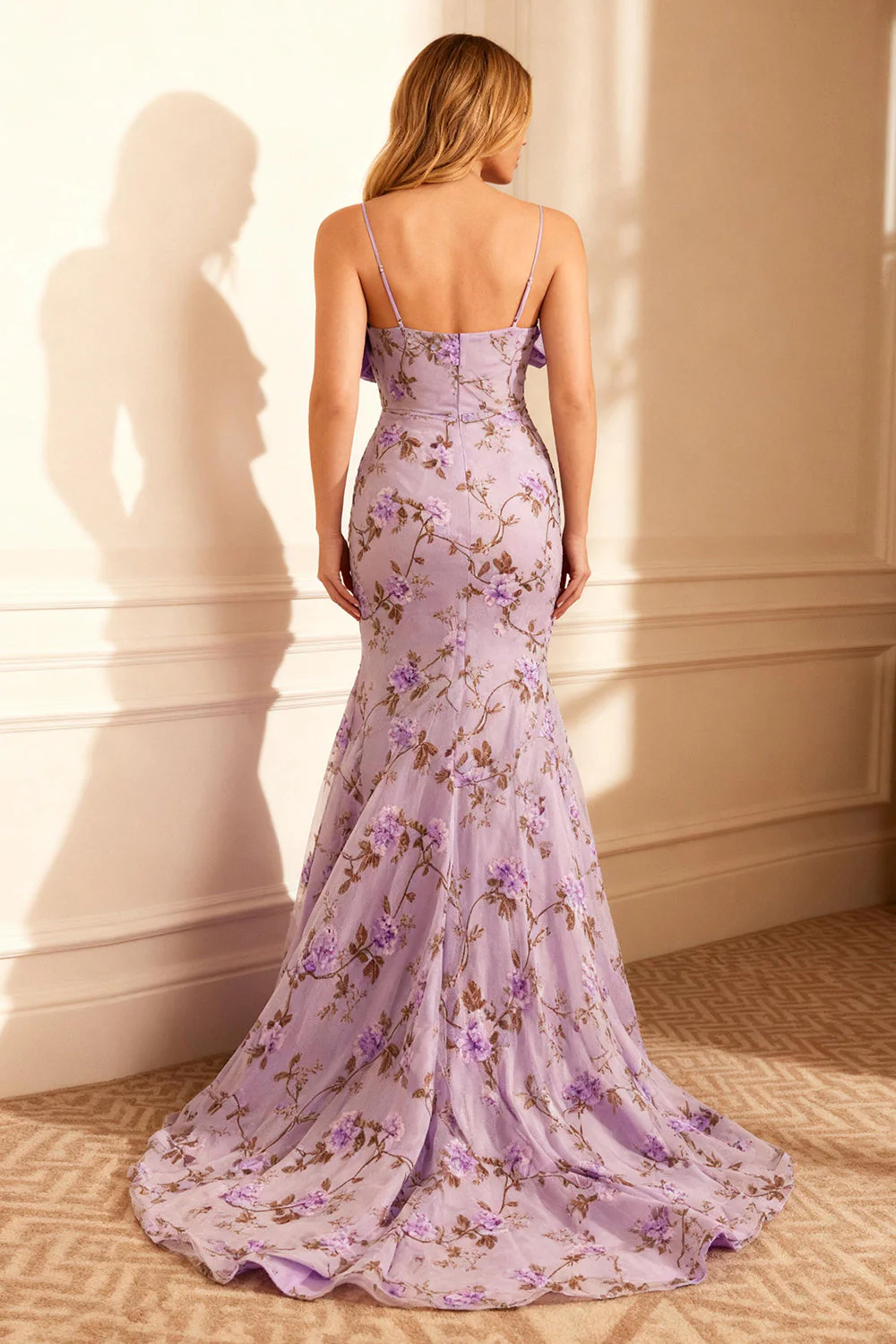 Purple Floral Mermaid Long Prom Dress With Bow - Image 2