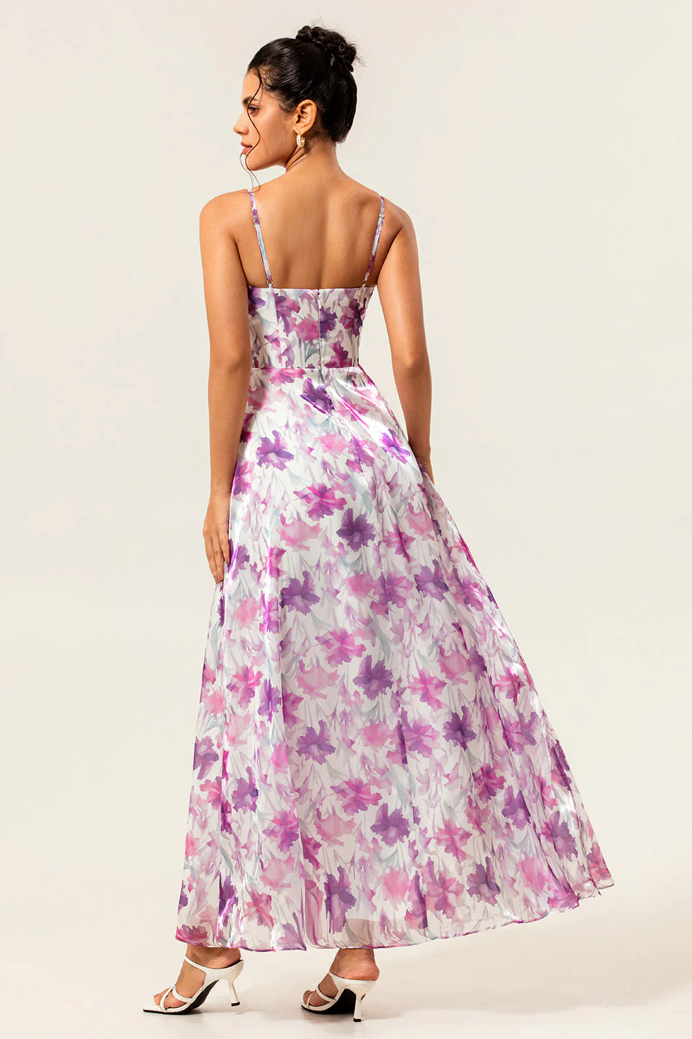 Purple Floral Printed Spaghetti Straps A Line Wedding Guest Dress - Image 2