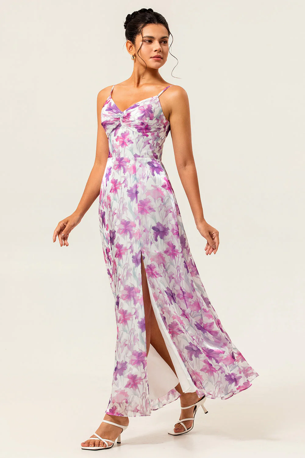 Purple Floral Printed Spaghetti Straps A Line Wedding Guest Dress - Image 3