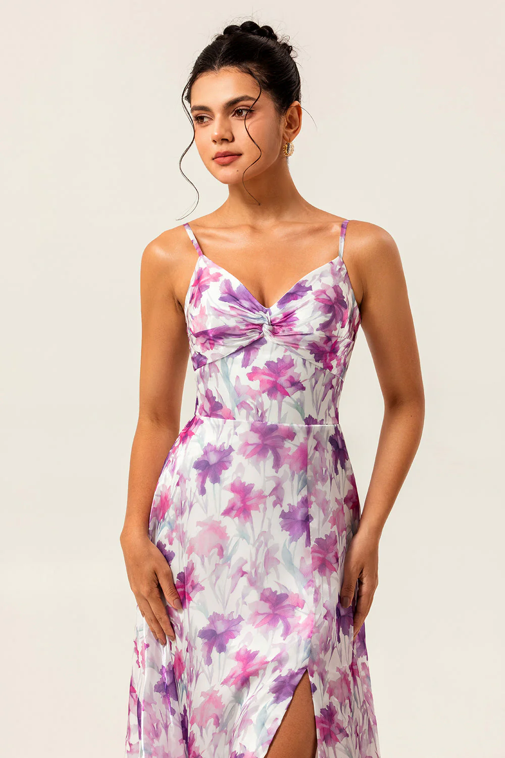 Purple Floral Printed Spaghetti Straps A Line Wedding Guest Dress - Image 4