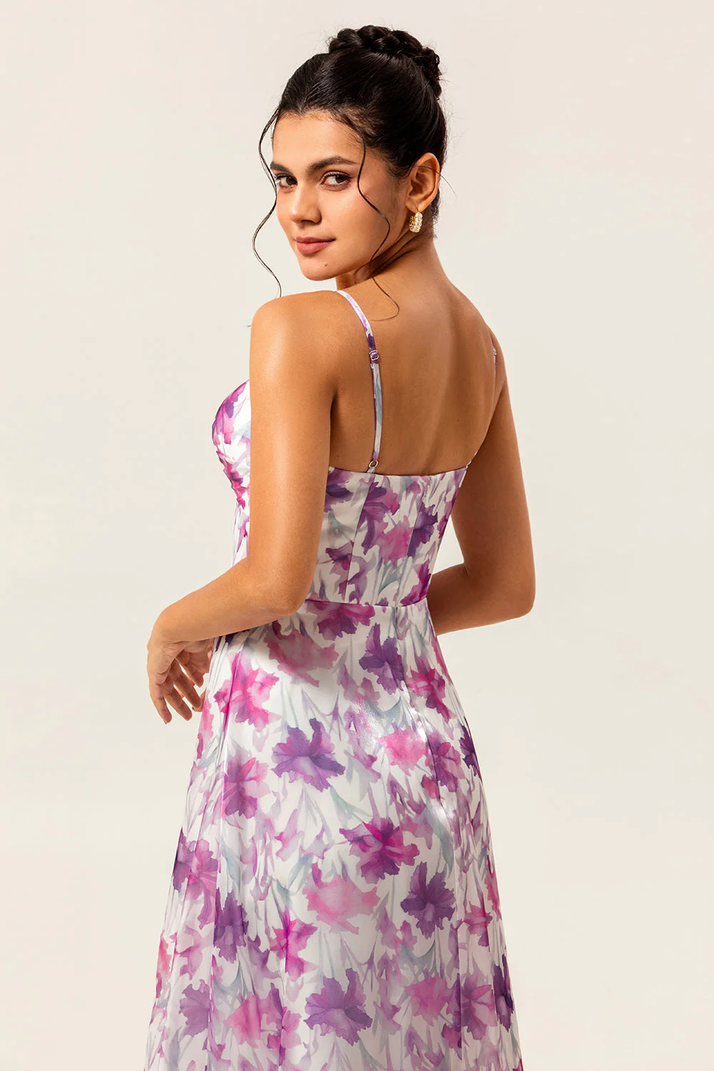 Purple Floral Printed Spaghetti Straps A Line Wedding Guest Dress - Image 5