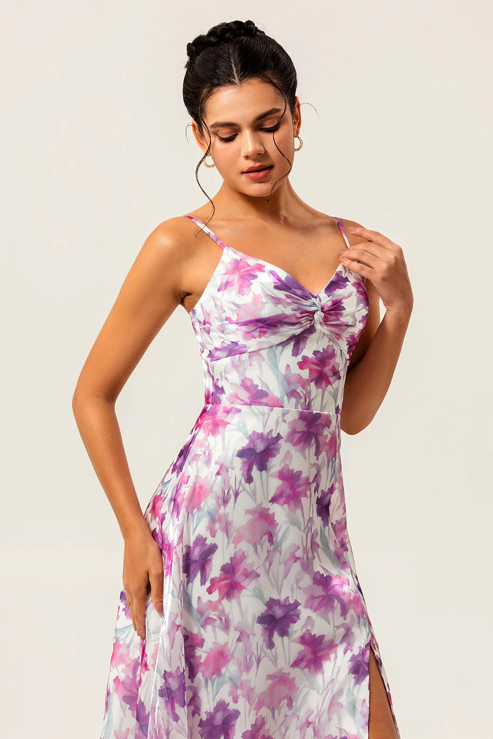 Purple Floral Printed Spaghetti Straps A Line Wedding Guest Dress - Image 6