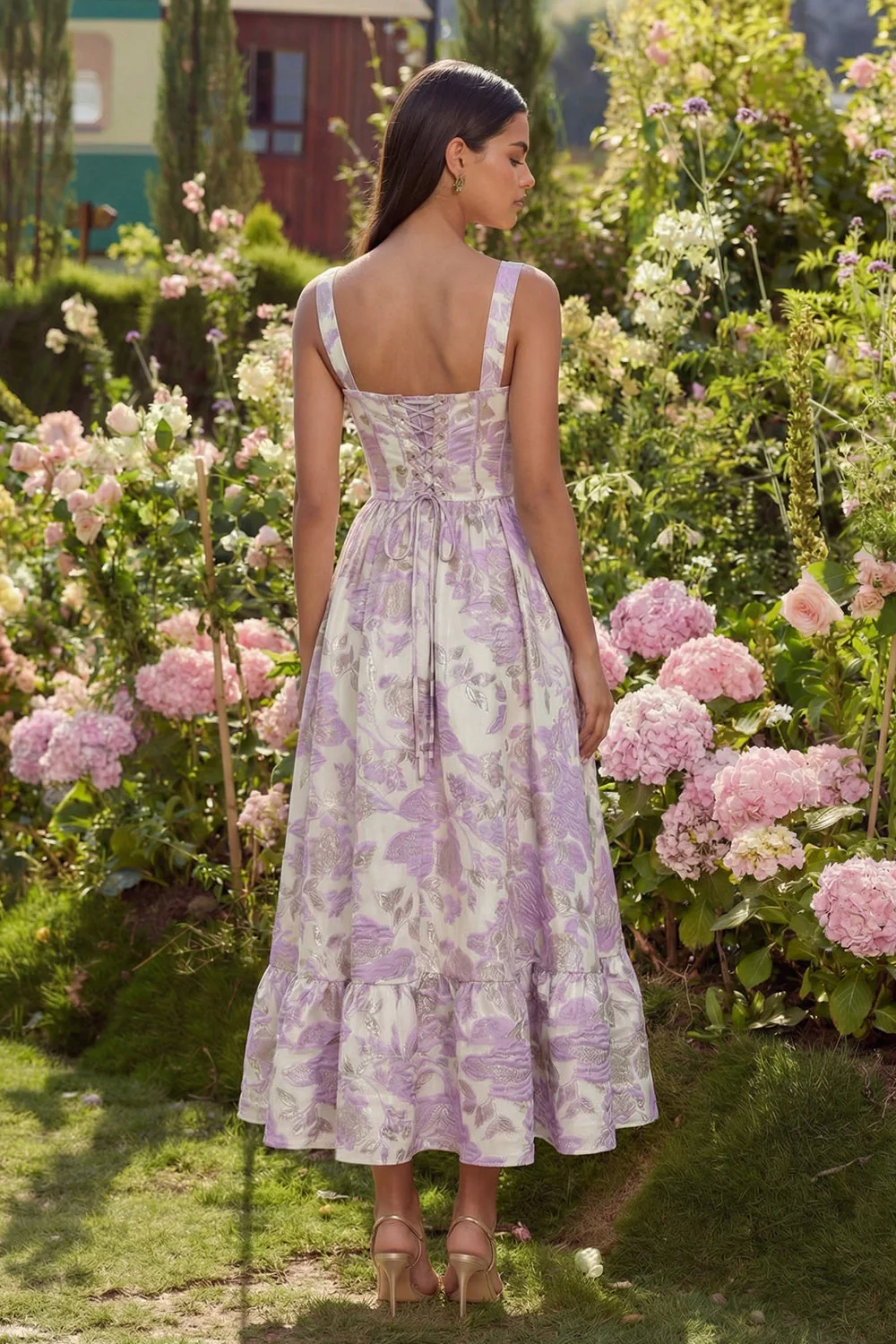 Purple Jacquard Flower Corset A-Line Midi Dress - Image 2