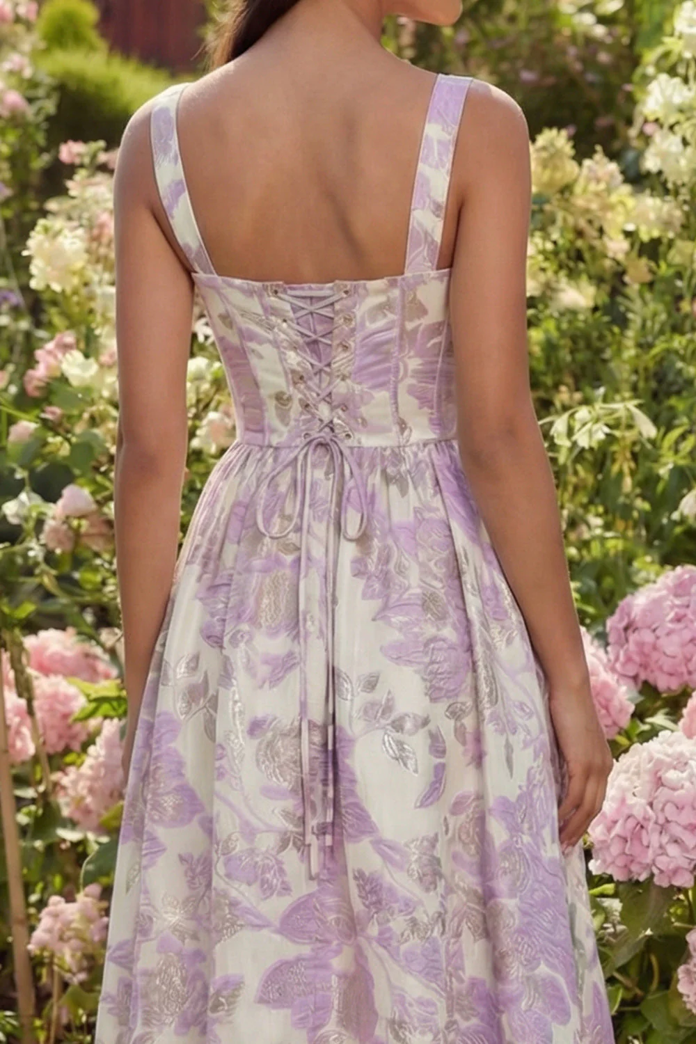 Purple Jacquard Flower Corset A-Line Midi Dress - Image 4
