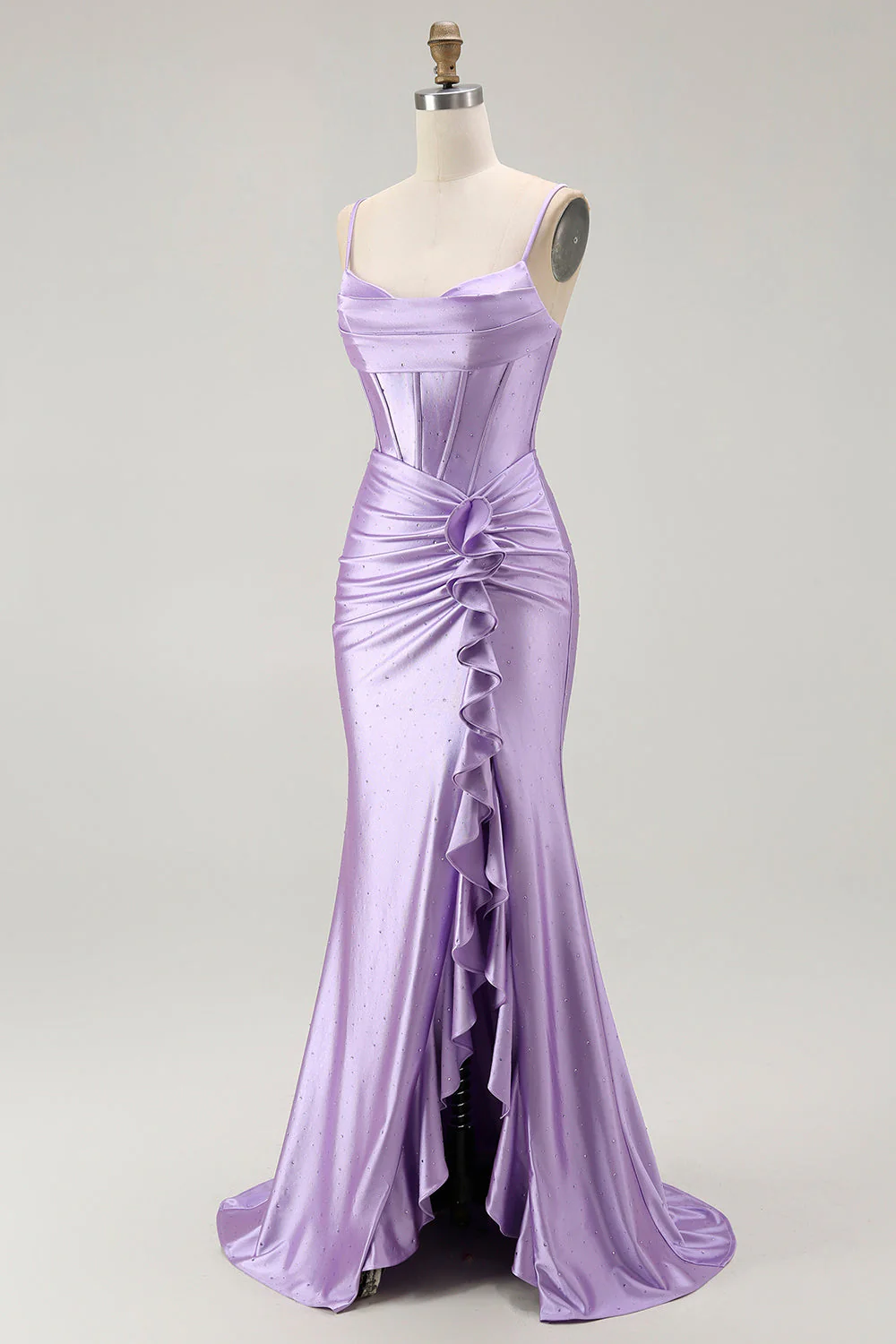 Purple Mermaid Corset Ruched Long Prom Dress with Ruffled Slit - Image 3