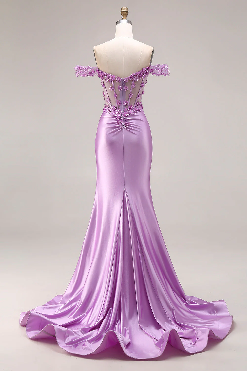 Purple Mermaid Off the Shoulder Appliqued Corset Ruched Prom Dress with Slit - Image 2