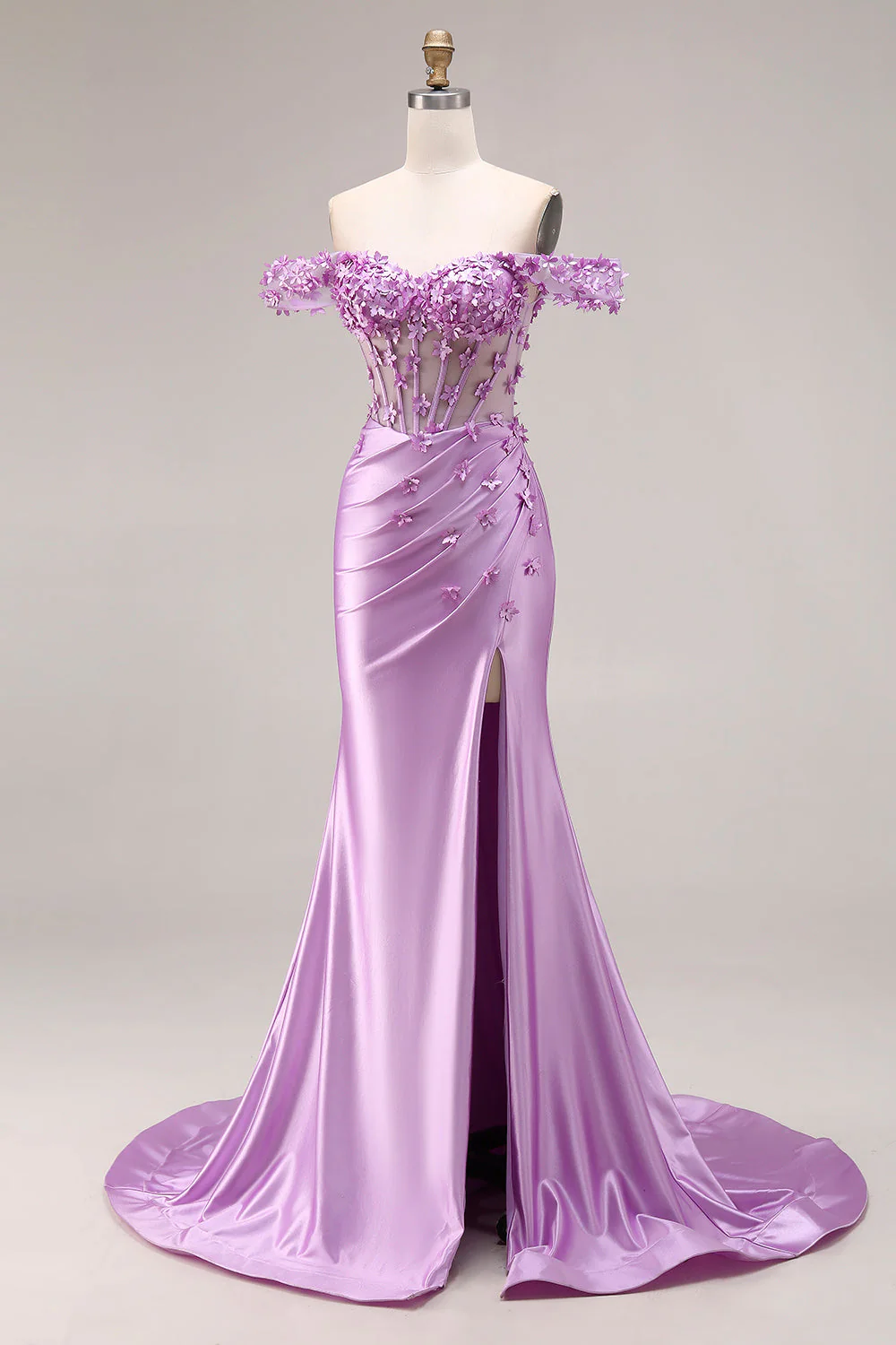 Purple Mermaid Off the Shoulder Appliqued Corset Ruched Prom Dress with Slit - Image 3