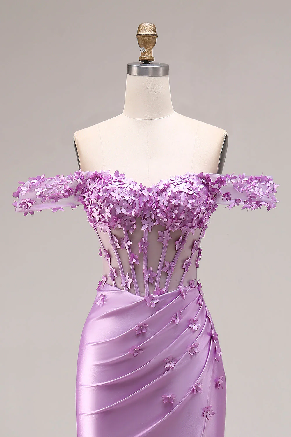 Purple Mermaid Off the Shoulder Appliqued Corset Ruched Prom Dress with Slit - Image 4