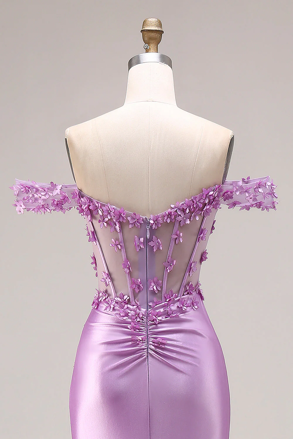 Purple Mermaid Off the Shoulder Appliqued Corset Ruched Prom Dress with Slit - Image 5