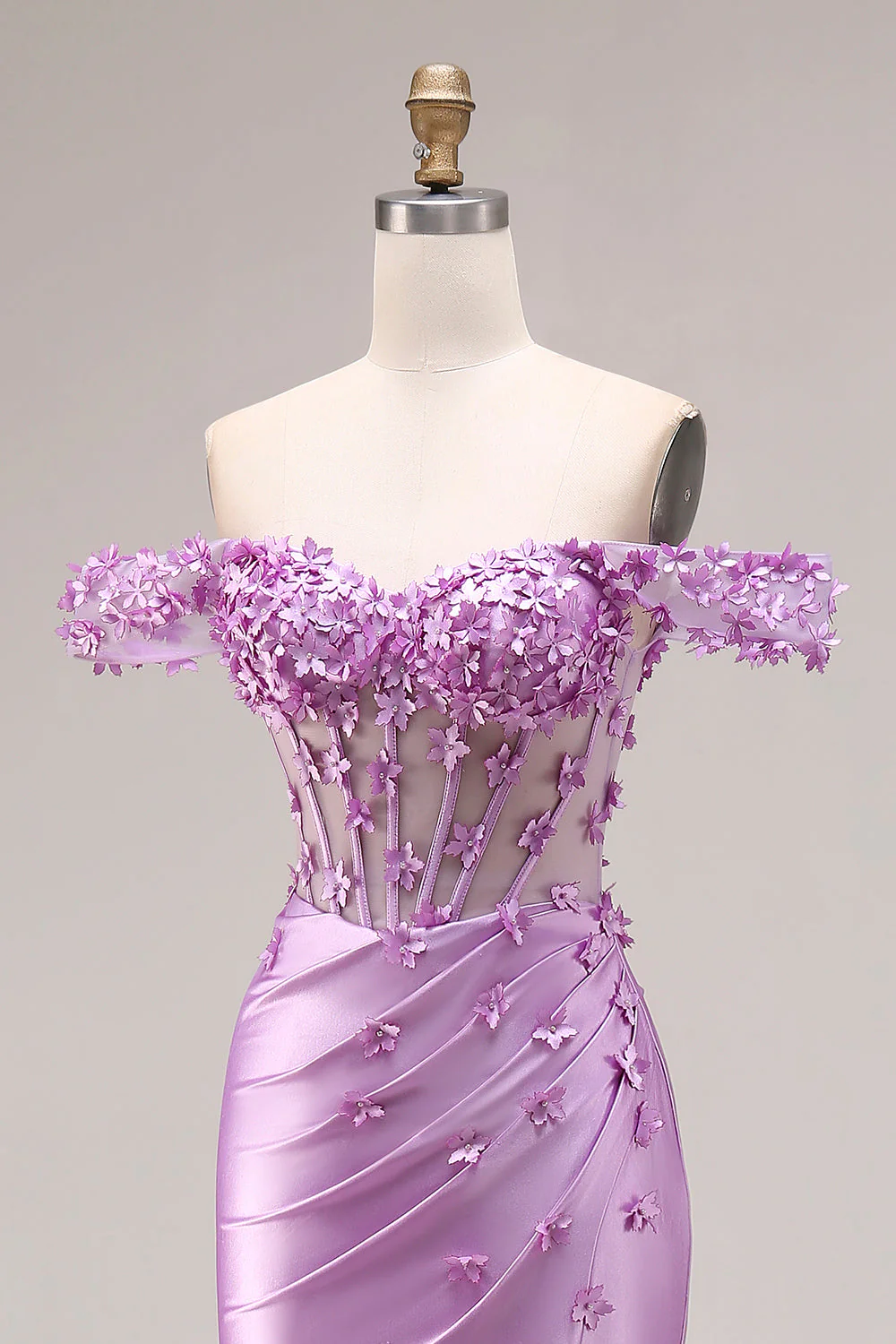 Purple Mermaid Off the Shoulder Appliqued Corset Ruched Prom Dress with Slit - Image 6