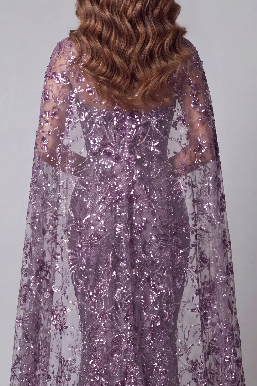 Sparkly Purple Mermaid Sweetheart Sequin Evening Dress with Cape - Image 4