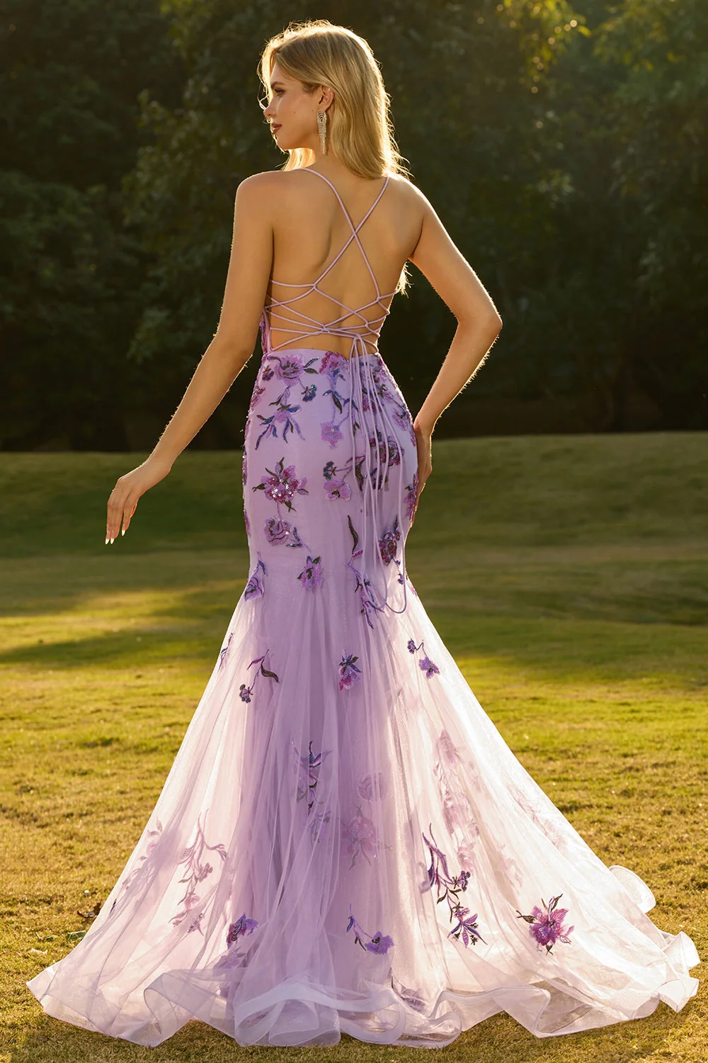 Purple Mermaid Sheer Corset Beaded Sequin Long Prom Dress with Lace Up Back - Image 2