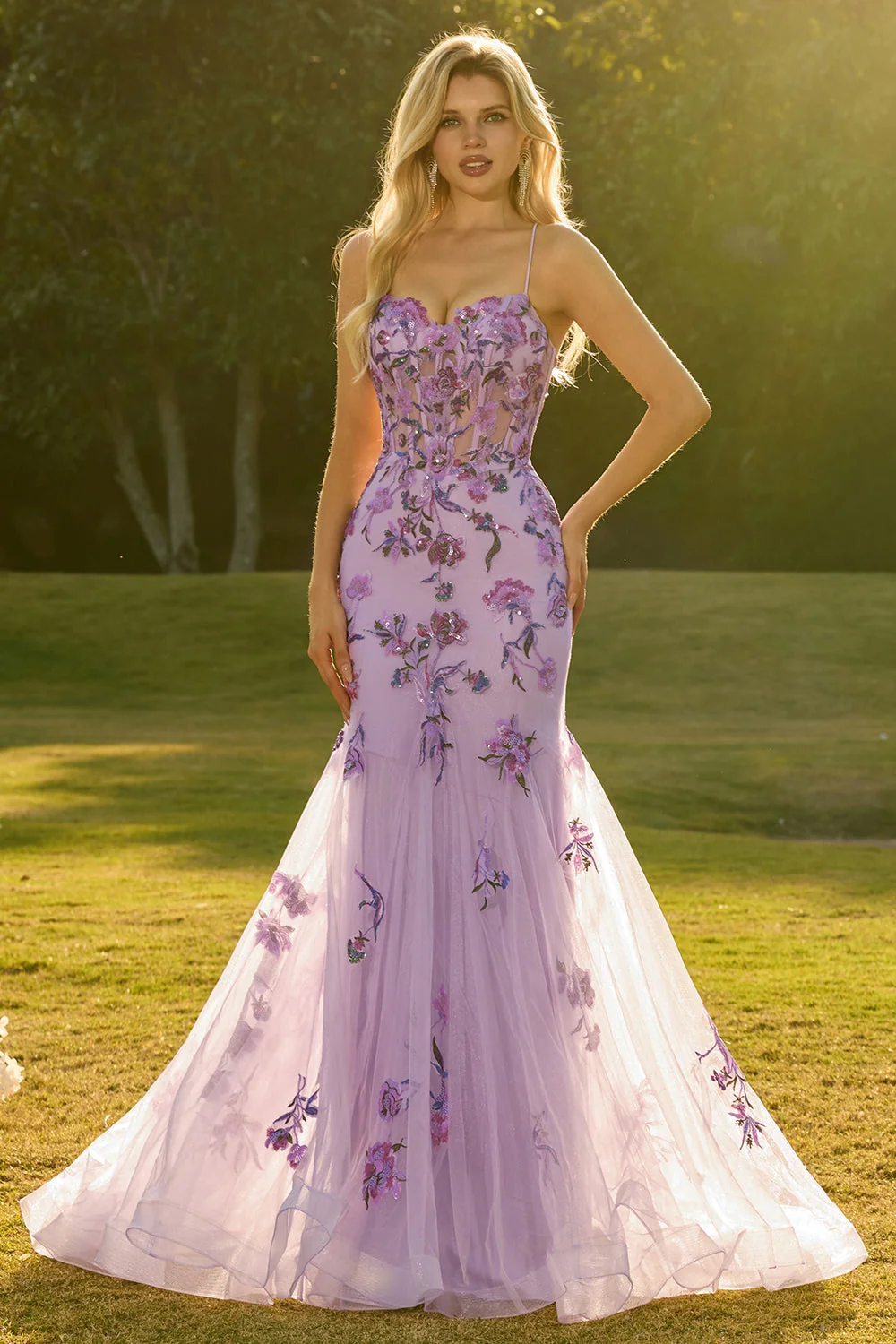 Purple Mermaid Sheer Corset Beaded Sequin Long Prom Dress with Lace Up Back - Image 3